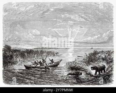 Il lago Ciad è un lago endorheico d'acqua dolce situato all'incrocio dei paesi di Nigeria, Niger, Ciad e Camerun nell'Africa occidentale e centrale. Disegno di Adolphe Rouargue (1810-1870) viaggi e scoperte nell'Africa settentrionale e centrale, 1849-1855 di Heinrich Barth (1821-1865) le Tour du Monde 1860 Foto Stock