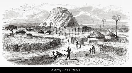 Villaggio di Marghi, Lago di Ciad. Nigeria, Africa. Disegno di Adolphe Rouargue (1810-1870) viaggi e scoperte nell'Africa settentrionale e centrale, 1849-1855 di Heinrich Barth (1821-1865) le Tour du Monde 1860 Foto Stock