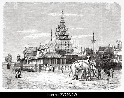 Il palazzo del Re e un elefante bianco, Birmania, Myanmar. Sud-est asiatico. Disegno di Victor Navlet (1819-1886) viaggio nel regno di Ava, 1855 del colonnello Sir Henry Yule (1820-1889) le Tour du Monde 1860 Foto Stock