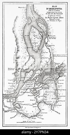 Antica mappa di Amarapura e dei suoi sobborghi, tra cui le rovine di Ava e Tsagain, Birmania, Myanmar. Sud-est asiatico. Viaggio nel regno di Ava, 1855, del colonnello Sir Henry Yule (1820-1889) le Tour du Monde 1860 Foto Stock