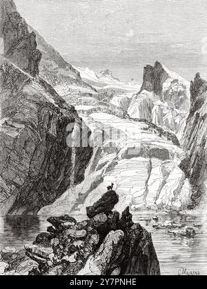 Ghiacciaio e lago LAC de l'Eychauda, Parco Nazionale Ecrins. Dipartimento Hautes-Alpes. Francia. Disegno di Leon Sabatier (1827-1887) escursioni nel Delfinato, 1850-1860 di Adolphe Joanne (1813-1881) le Tour du Monde 1860 Foto Stock