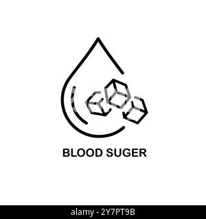 Icona della linea sottile di zucchero nel sangue. Goccioline di sangue con pezzi di zucchero all'interno. Diagnostica del diabete. Pixel Perfect, traccia modificabile. Illustrazione vettoriale. Illustrazione Vettoriale