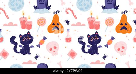 Halloween senza cuciture con simpatici gatti neri e zucche. Illustrazione vettoriale in stile piatto Illustrazione Vettoriale