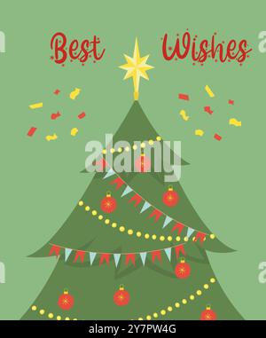 Auguri di buone feste 2024. Carino cartoni animati natalizi con albero decorato e i migliori auguri. Illustrazione Vettoriale