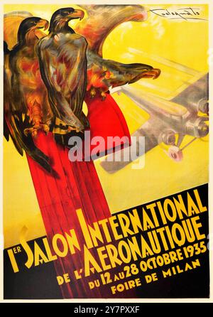 Plinio Codognato ArtWork - poster d'epoca Aeronautique Foire De Milan Aeronautics Show - Aquile e aeroplano 1935 - poster dell'aviazione d'epoca Foto Stock