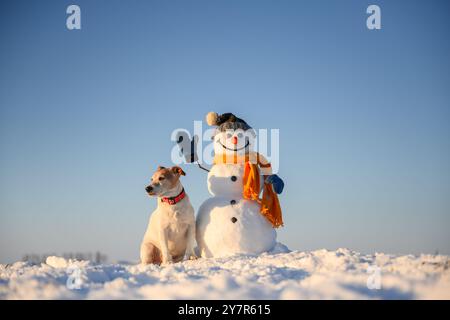 Smiley pupazzo di neve in sciarpa gialla con Jack russel terrier cucciolo sul campo innevato. Cielo blu sullo sfondo Foto Stock