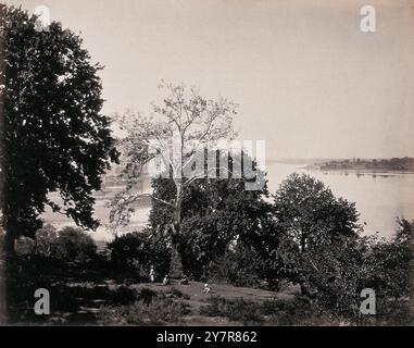 Fotografia d'epoca del Kashmir: Una radura in un bosco con un fiume oltre. India britannica. Di Samuel Bourne. Tra 1800-1890 Foto Stock