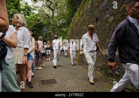 I Carreiros camminano velocemente attraverso una fila di turisti, pronti per la loro prossima corsa giù per la collina Foto Stock