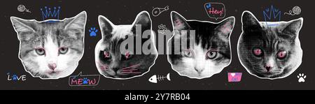 Set di simpatiche teste di gatto con elementi a doodle. Effetto mezzitoni retrò. Design collage Y2K Illustrazione Vettoriale