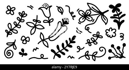 una collezione di immagini di fiori disegnati a mano come campanello, crisantemi, girasoli, fiori di cotone e foglie tropicali Illustrazione Vettoriale