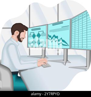 Un uomo sta studiando i rapporti per identificare e comprendere i problemi nel processo decisionale. Concetto di business. Illustrazione vettoriale 2D. Illustrazione Vettoriale