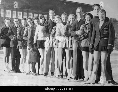 LA FORMAZIONE INTERNAZIONALE PER LE OLIMPIADI 12-12-52 I.N.P. MOSTRA FOTO :- alcuni pattinatori internazionali al Bislett Stadium di oslo , dove sono pronti per le Olimpiadi invernali che apriranno a Oslo giovedì 12 febbraio. Da sinistra a destra :- Pat Devries,21, di Wembley, Londra; Adrian Swan, 22, di Melbourne, Australia; Yolande Jobin, 21, della Svizzera; Jeanette Altwegg, 21 anni, di Gran Pritain; Carlo Fassi, 21 anni, di Milano, Italia; Sonyia Klopfer, 17, di New York, U.S.A.; Peter Firstbrook,18, di Toronto, Canada; Esther Yweik,15, di Budapest, Ungheria; Joan Nicks, 22 anni, di Brighton, Great Pitain; Suzanne Foto Stock