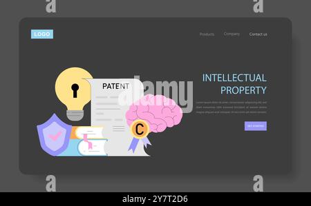 Innovazione e concetto di R S. Lampadina, cervello e documento di brevetto che simboleggia la creatività e la protezione legale. Elementi di proprietà intellettuale nel web design. Illustrazione vettoriale. Illustrazione Vettoriale