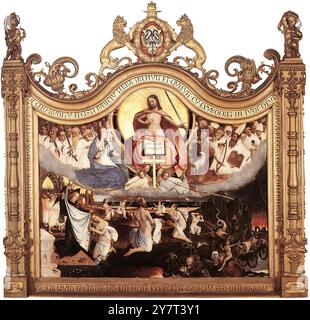 PROVOST, Jan (nato ca. 1465, Mons, d. 1529, Bruges), giudizio universale 1525 olio su pannello di quercia, 145 x 169 cm Groeninge Museum, Bruges se Isenbrant e Benson non erano sempre molto originali, lo stesso non si può dire di Jan Provost (1465-1529) o Lanceloot Blondeel (1498-1561). Entrambi i pittori introdussero il loro nuovo spirito alle rispettive generazioni a Bruges. Invece di basare la loro arte su alcuni elementi italiani scarsamente compresi e arbitrariamente selezionati, hanno optato per un approccio tematico e decorativo più ingegnoso e per la loro speciale modernità. Erano personalità complesse, Foto Stock