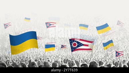 Persone che sventolano bandiera dell'Ohio e dell'Ucraina, simboleggiano la solidarietà dell'Ohio per l'Ucraina. Illustrazione vettoriale. Illustrazione Vettoriale