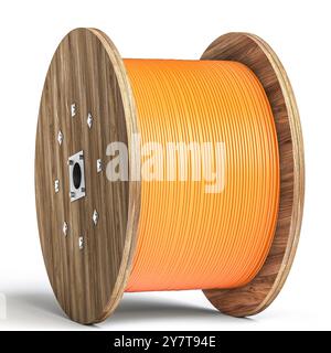 Bobina in legno con cavo in fibra arancione su sfondo bianco 3d. Foto Stock