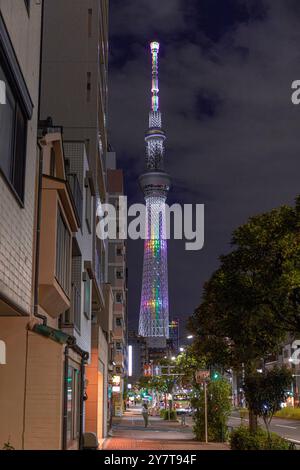 Tokyo skytree torreggiante su una strada laterale vuota di notte Foto Stock