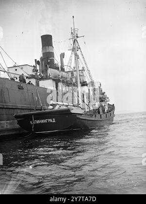 LA BANDIERA ROSSA VOLA il 21 maggio 1950 volando una bandiera impreziosita da martello e falce, questo peschereccio russo si trova accanto alla sua nave madre la Tambov, al largo di Falmouth, alla foce del fiume Helford. È una delle flotte "misteriose" di 31 navi russe in rotta verso il Mar Nero attraverso Gibilterra. devono pescare spratti e sardine. Foto Stock