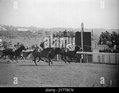 PORT o LIGHT si aggiudica LA PROVA EPSOM IN CHIUSURA 20 aprile 1950 Port o Light, di proprietà del signor C C Mathews e guidata da T Gosling, superando il post per vincere le Blue Riband Trail Stakes, si ripercorre la parte migliore del corso Derby all'incontro primaverile di Epsom (Surrey) di oggi, giovedì. Il secondo è la signora James V rango Reminiscence (al centro), guidata da Un Breasley, e il terzo è il signor H J Joels Stromboli (n. 16) guidato da e Smith. Foto Stock