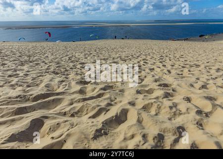 Duna di Pilat, Francia - 14 agosto 2024: Persone in parapendio presso la grande duna di Pilat, bacino di Arcachon, Nouvelle Aquitaine, Francia. Foto Stock