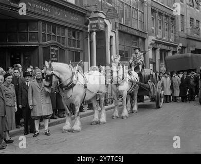 Un dray del XVIII secolo, appositamente costruito e disegnato da due enormi "Shires" in tandem con imbracatura d'epoca, ha girato oggi le strade della City di Londra in una celebrazione per il doppio anniversario. Le occasioni commemorate: Il 200° anniversario di "The White Horse", Little Britain, Londra; e il bicentenario dell'apertura delle Whitebread Stables a Grub Lane Londra (1750). Una volta, la maggior parte della fornitura di bevande di Londra era trasportata da Dray. Il popolo Whitbread aveva più di 400 cavalli per questo scopo nel 1904. Ma le norme del traffico e l'aumento del trasporto meccanico hanno ridotto il Foto Stock