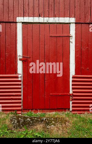 Una rustica porta di fienile rossa si erge in modo prominente, circondata da finiture bianche e lenzuola di metallo in un tranquillo ambiente rurale. Foto Stock