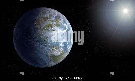 Illustrazione resa della Terra dallo spazio con il sole che splende sullo sfondo. Foto Stock