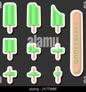 Un grande e colorato set di gelati da dessert naturali dalle forme diverse, composto da vari ingredienti, gelati di design dalle forme diverse dal menu di nutrienti biologici Illustrazione Vettoriale