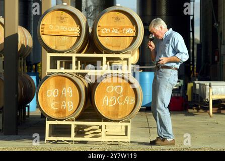 Livermore, California, il proprietario della Cedar Mountain Winery Earl Aults degusta il vino Cabernet 2000 domenica 26 novembre 2002. I vinterns californiani sono entusiasti della sentenza del giudice distrettuale statunitense Richard Berman secondo cui il divieto di New York di spedire vino direttamente fuori dallo stato è incostituzionale. La sentenza aiuterà piccole aziende vinicole come Cedar Mountain Winery che hanno dovuto spedire attraverso un grossista. () Foto Stock