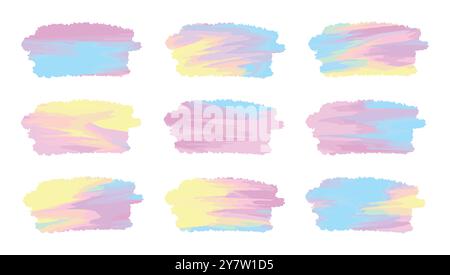 Il set di pennelli astratti colorati color pastello colora le bolle isolate su uno sfondo bianco. Concetto di design creativo, sfondi artistici, Illustrazione Vettoriale