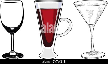 Bicchieri da vino bianchi e rossi, set di bicchieri da vino disegnati a mano, set di bicchieri da vino, bicchiere da vino rosso disegnato a mano Illustrazione Vettoriale