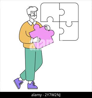 Concetto di uomo d'affari. Un uomo che tiene un grande pezzo di puzzle verso un muro con soluzioni delineate. Il pensiero strategico nella risoluzione dei problemi. Illustrazione vettoriale. Illustrazione Vettoriale
