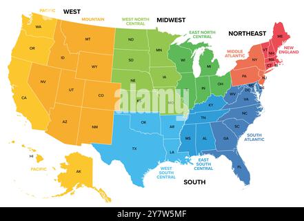 Stati Uniti d'America, regioni e divisioni del censimento, mappa politica a colori. Mappa degli Stati Uniti con quattro regioni principali, nove divisioni, cinquanta stati e D.C. Foto Stock