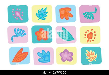Icone floreali colorate isolate su uno sfondo bianco in luminoso stile Memphis. Concetto di fiori vivaci, elementi di design moderni, motivi botanici Illustrazione Vettoriale