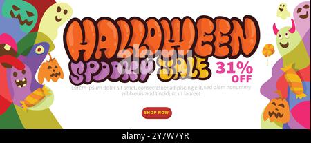 buon banner di halloween. forma liquida geometrica astratta. mostro halloween con immagine vettoriale del modello di banner disegnata a mano. Illustrazione Vettoriale