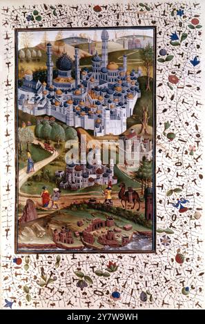 Veduta della Citta' di Gerusalemme, da 'Advis directif pour faire le passaige d'oultre mer' di Burchard du Mont Sion, c.1455 (vellum) - opera di un monaco domenicano del XIII secolo Artist French School, (XV secolo) posizione Bibliotheque Nationale, Parigi, Francia paesaggio del tempio d'oro pellegrinaggio cammello rovina manoscritto medievale aereo Brocard c13esima illuminazione illuminata. ©TopFoto Foto Stock