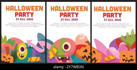 Crepuscolo Monster Halloween Party Banner. forma liquida geometrica astratta. mostro halloween con immagine vettoriale del modello di banner disegnata a mano. Illustrazione Vettoriale
