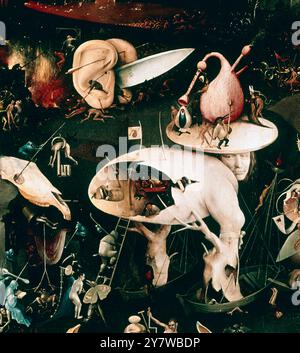 The Garden of Earthly Delights: Hell, right Wing of triptych (dettaglio) c.1500 (olio su tavola) Artist Bosch, Hieronymus (c.1450-1516) location Prado, Madrid, Spagna Hieronymus Bosch, anche Jeroen Bosch, Jerome Bosch, (c.. 1450 – agosto 1516) è stato un pittore olandese del XV e XVI secolo. Molte delle sue opere descrivono il peccato e i difetti morali umani. Bosch usò immagini di demoni, animali e macchine metà umani per evocare paura e confusione per ritrarre il male dell'uomo. Le opere contengono un uso complesso, altamente originale, fantasioso e denso di figure simboliche e iconografia, alcune delle quali erano ob Foto Stock