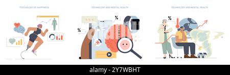 Salute mentale e tecnologia. Illustra l'interazione tra felicità, tecnologia e benessere mentale con figure stilizzate e immagini cerebrali. Legame fisico di salute, progressi tecnologici, tracciamento dell'umore. Illustrazione vettoriale. Illustrazione Vettoriale
