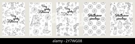 Set di carte o poster con simpatiche illustrazioni di Halloween e saluti disegnati a mano Illustrazione Vettoriale