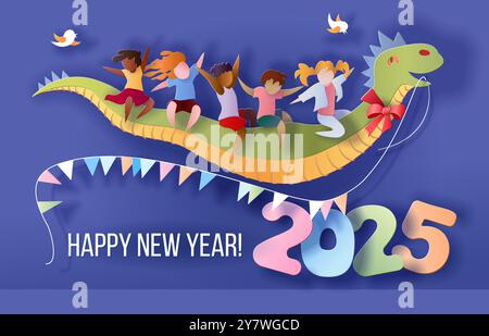 Scheda design Capodanno 2025 con bambini che volano su serpente su sfondo viola. Illustrazione Vettoriale