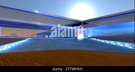 Luna piena su una lussuosa villa a Funchal. Le lampade alogene illuminano i gradini semicircolari in calcestruzzo. Rendering 3D. Foto Stock