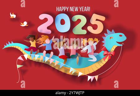 Scheda design Capodanno 2025 con bambini che volano su serpente su sfondo rosso. Illustrazione Vettoriale