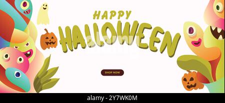 buon banner di halloween. forma liquida geometrica astratta. mostro halloween con immagine vettoriale del modello di banner disegnata a mano. Illustrazione Vettoriale