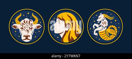 Segni zodiacali stilizzati con segni zodiacali Toro, Virgo e Capricorno. disegni celesti presentati in un layout vivace e accattivante. Illustrazione Vettoriale