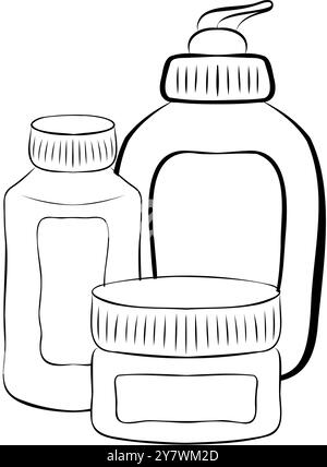 Cosmetici per la cura della pelle. disegno della linea. Bottiglie cosmetiche con dispenser e provette con prodotti per la cura della pelle. Illustrazione vettoriale. Illustrazione Vettoriale