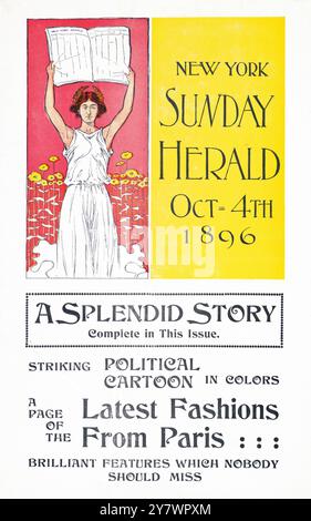 New York Sunday Herald Oct - 4th 1896 - illustrazione di una donna che indossa un abito bianco e una corona d'alloro nei capelli, con una copia del giornale New York Herald sulla testa Foto Stock