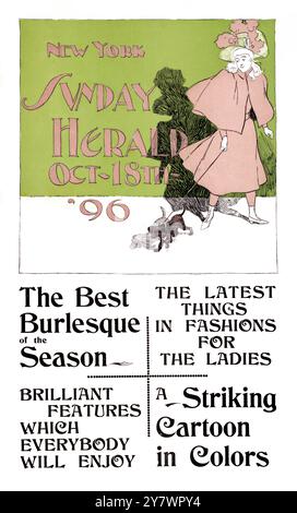 New York Sunday Herald ottobre - 18 1896 - illustrazione di una donna che indossa un cappotto e un cappello a pennacchio, che cammina con un cane Foto Stock