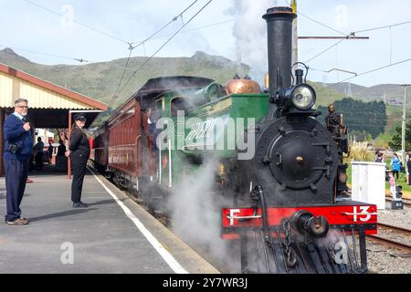 Treno a vapore Peveril presso la stazione ferroviaria di Moorhouse, Ferrymead Heritage Park, Ferrymead, Christchurch (Ōtautahi), Canterbury, nuova Zelanda Foto Stock