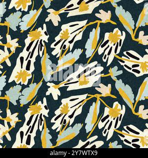 Moderno motivo blockprint in tessuto stampato con fiori selvatici e texture in lino. Motivi floreali boho scuri disegnati a mano stilizzati per elementi di design decorativi Foto Stock